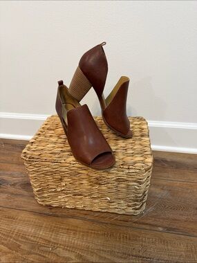 Lucky Brand Brown Peep-Toe Stacked Heel Booties